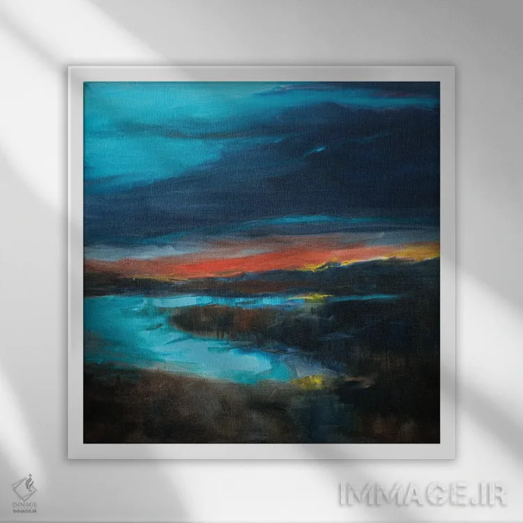 تابلو انتزاعی غروب در مرداب نمکی اثر لیندا اولسن - نمای قابدار سفید