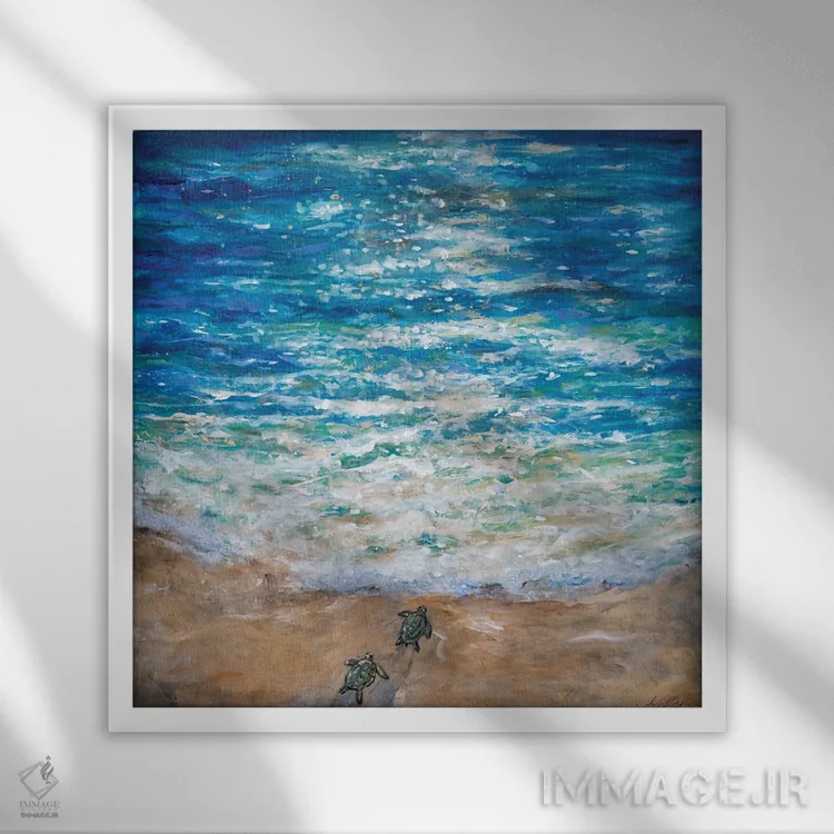 تابلو دکوراتیو اولین شیرجه لاک پشت دریایی اثر لیندا اولسن - نمای قابدار سفید