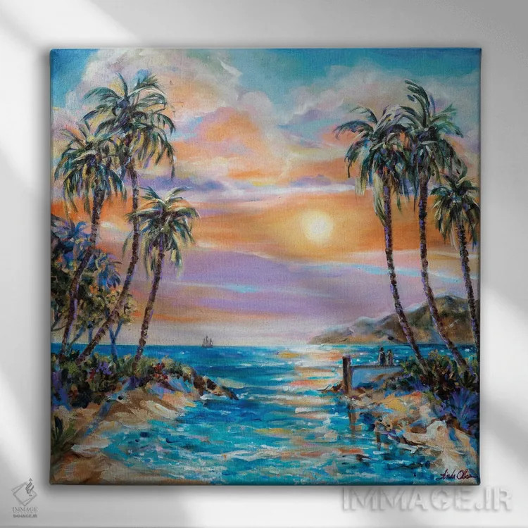 تابلو دکوراتیو عاشقان هنگام غروب اثر لیندا اولسن - نمای روبهرو روی دیوار