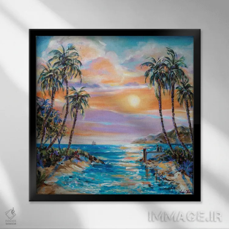 تابلو دکوراتیو عاشقان هنگام غروب اثر لیندا اولسن - نمای قابدار مشکی