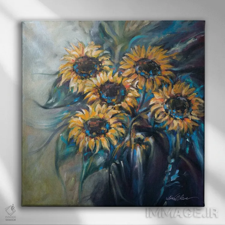 تابلو دکوراتیو دسته گل آفتابگردان اثر لیندا اولسن - نمای روبهرو روی دیوار