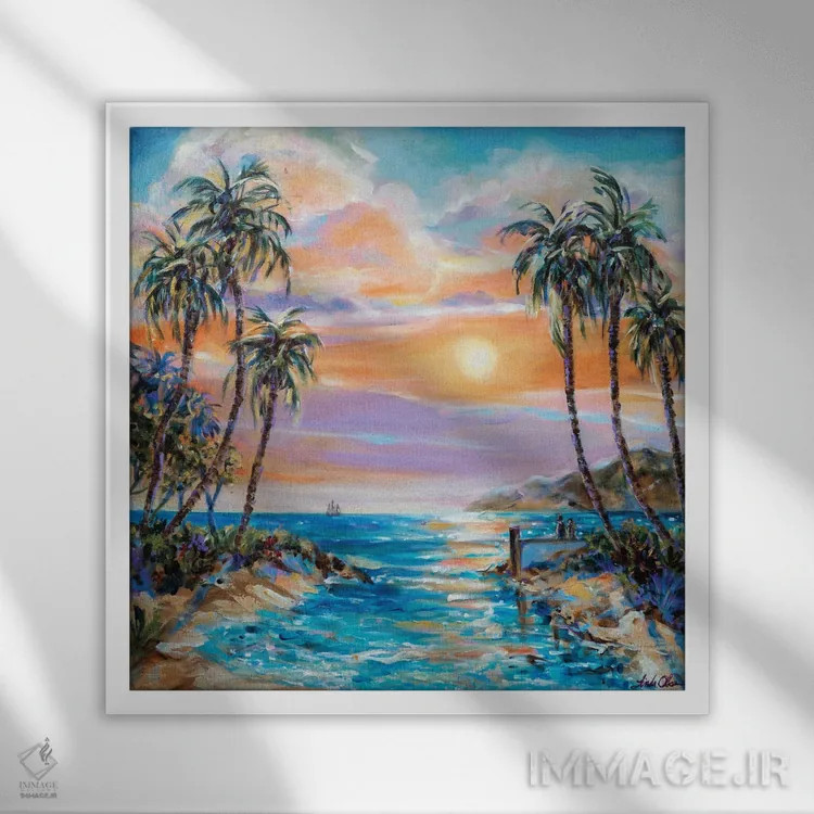 تابلو دکوراتیو عاشقان هنگام غروب اثر لیندا اولسن - نمای قابدار سفید