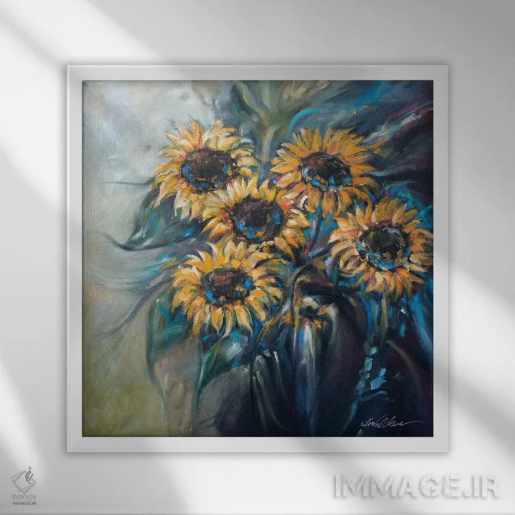 تابلو دکوراتیو دسته گل آفتابگردان اثر لیندا اولسن - نمای قابدار سفید