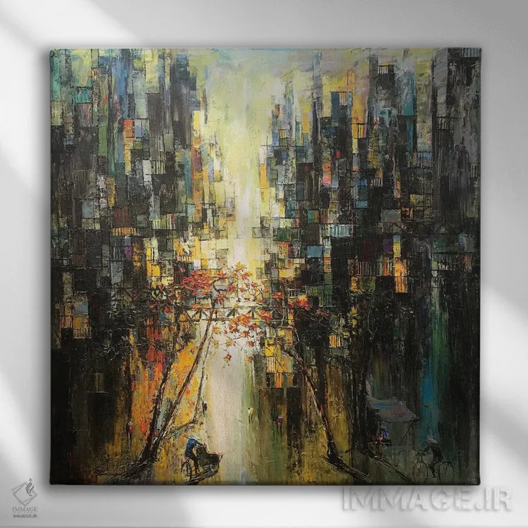 تابلو انتزاعی برگ ریزان اثر له نگوک کوآن - نمای روبهرو روی دیوار