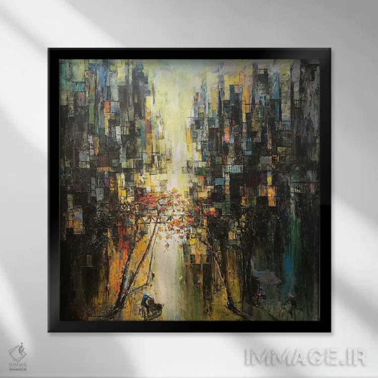 تابلو انتزاعی برگ ریزان اثر له نگوک کوآن - نمای قابدار مشکی