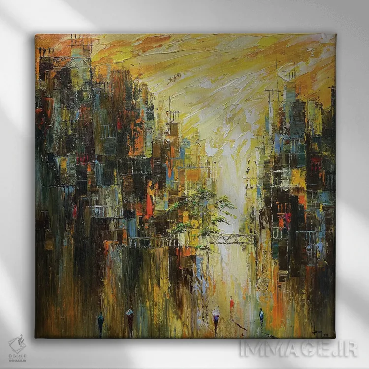 تابلو انتزاعی طلوع شهر اثر له نگوک کوآن - نمای روبهرو روی دیوار