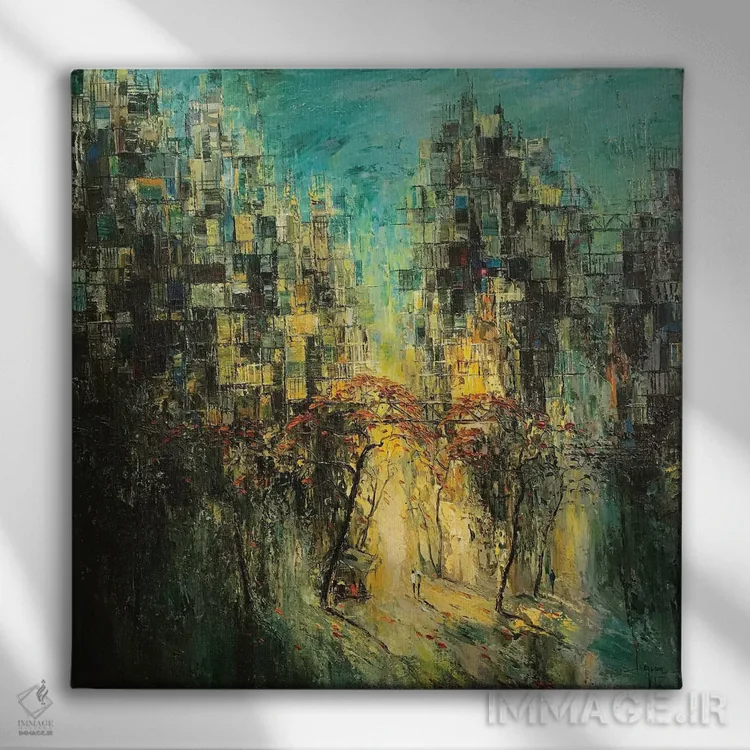 تابلو انتزاعی عصر در آن سوی خیابان اثر له نگوک کوآن - نمای روبهرو روی دیوار