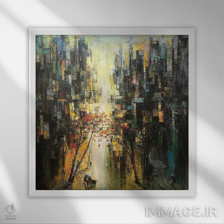 تابلو انتزاعی برگ ریزان اثر له نگوک کوآن - نمای قابدار سفید