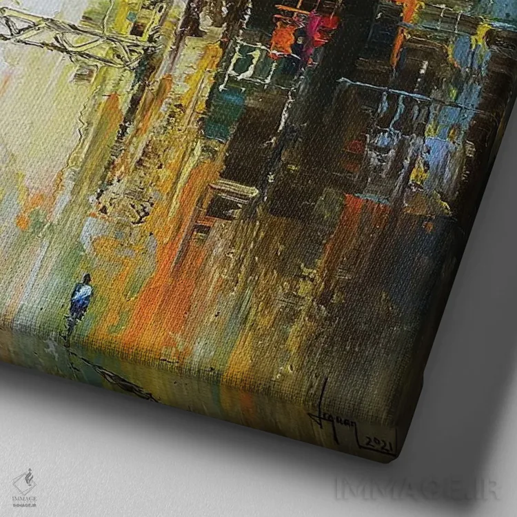تابلو انتزاعی طلوع شهر اثر له نگوک کوآن - نمای نزدیک بافت بوم