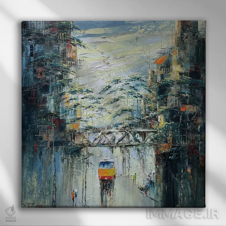 تابلو انتزاعی شهر من اثر له نگوک کوآن - نمای روبهرو روی دیوار
