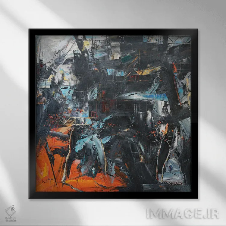 تابلو انتزاعی کج شدن به سوی خورشید اثر له نگوک کوآن - نمای قابدار مشکی