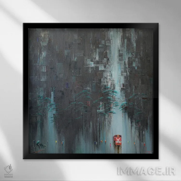 تابلو انتزاعی "خیابان قهوه قطار" اثر له نگوک کوآن - نمای قابدار مشکی