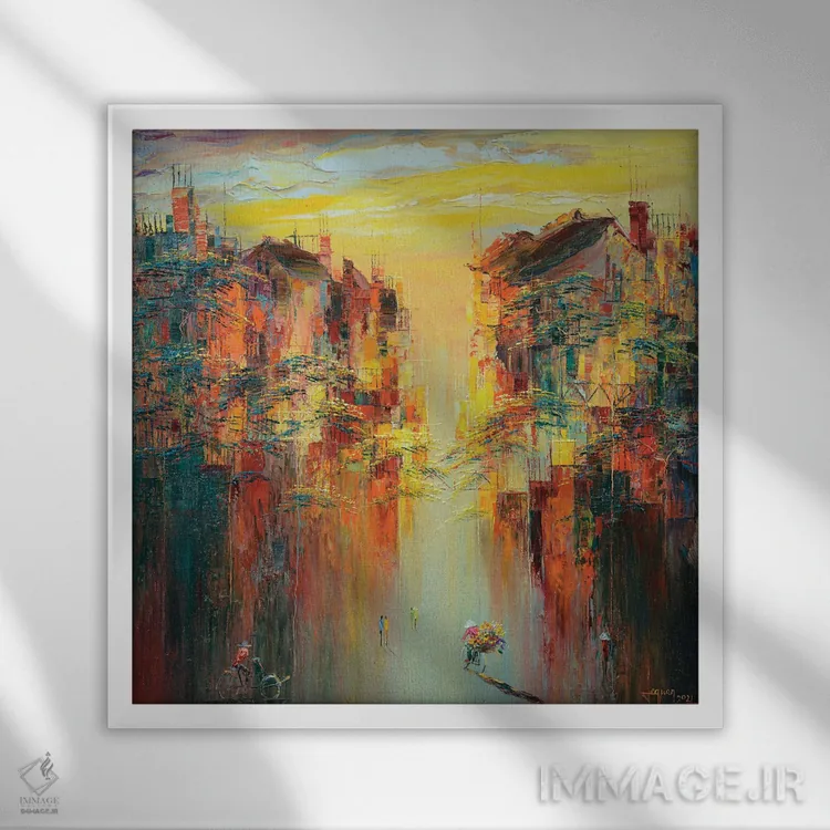 تابلو انتزاعی "آفتاب دیرهنگام پاییز" اثر له نگوک کوآن - نمای قابدار سفید