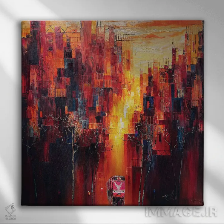 تابلو انتزاعی "سایه عصر" اثر له نگوک کوآن - نمای روبهرو روی دیوار