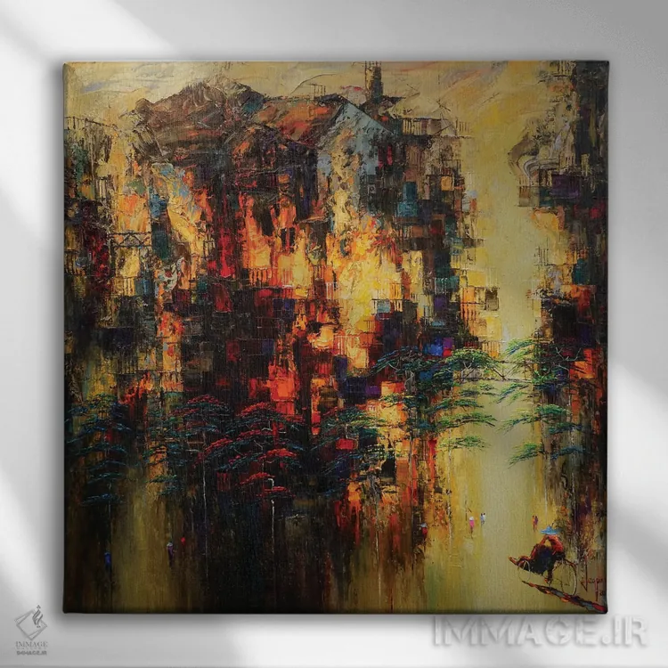 تابلو انتزاعی "روز خورشید" اثر له نگوک کوآن - نمای روبهرو روی دیوار