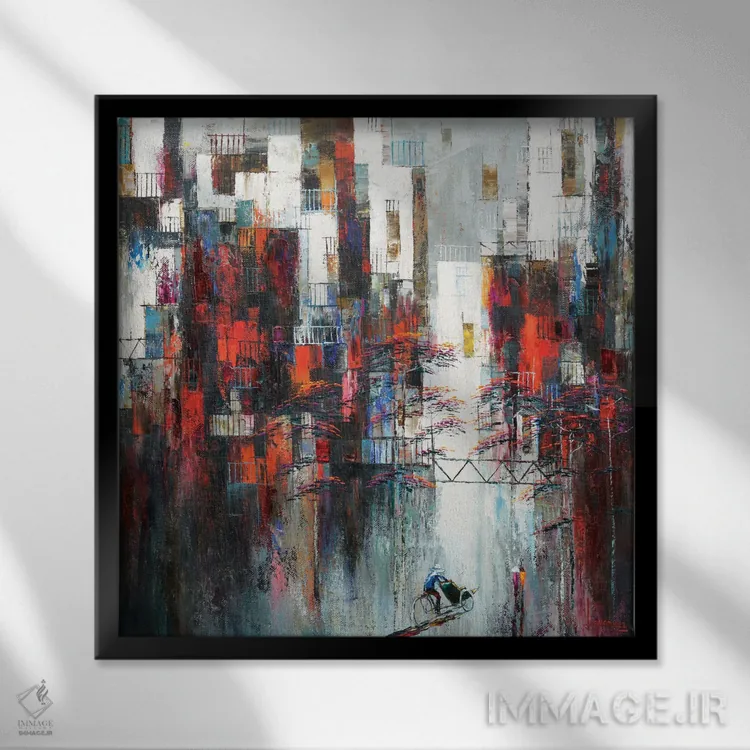 تابلو انتزاعی "عصر در خیابان قدیمی" اثر له نگوک کوآن - نمای قابدار مشکی