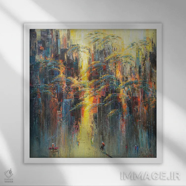 تابلو انتزاعی "گل خورشید" اثر له نگوک کوآن - نمای قابدار سفید