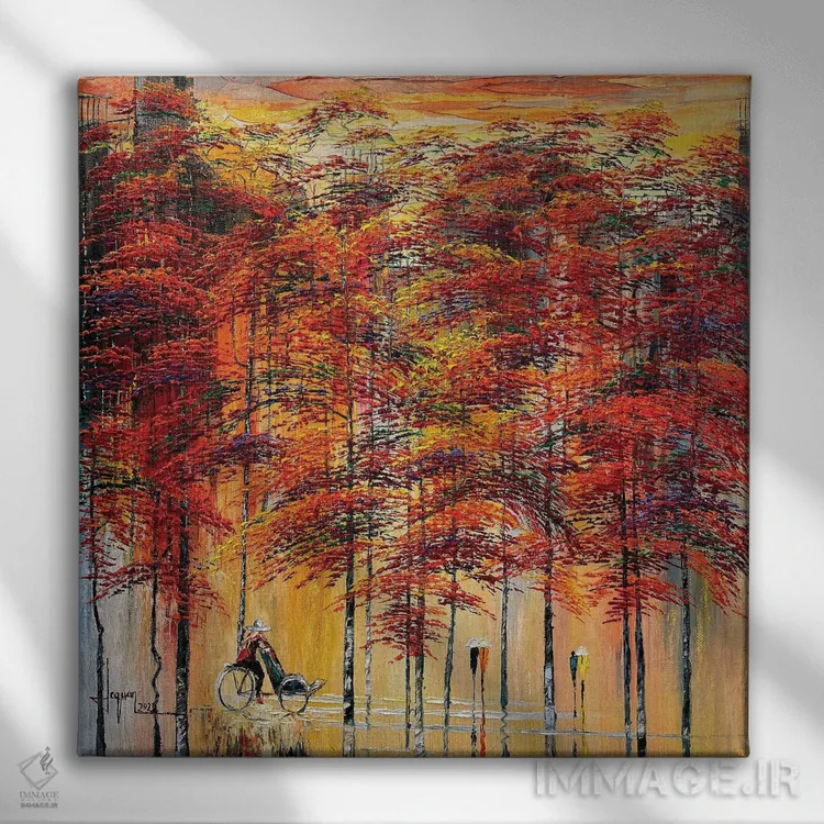 تابلو انتزاعی "فصل گل های قرمز" اثر له نگوک کوآن - نمای روبهرو روی دیوار