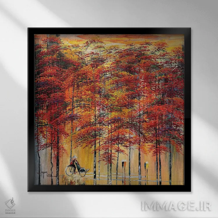 تابلو انتزاعی "فصل گل های قرمز" اثر له نگوک کوآن - نمای قابدار مشکی