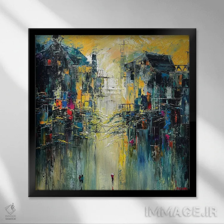 تابلو انتزاعی "طلوع بیدار می شود" اثر له نگوک کوآن - نمای قابدار مشکی