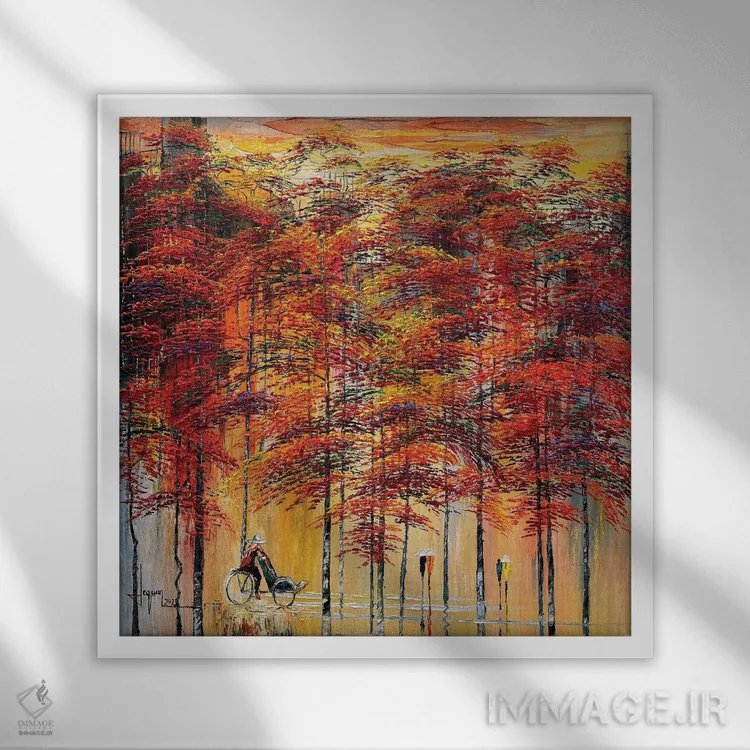 تابلو انتزاعی "فصل گل های قرمز" اثر له نگوک کوآن - نمای قابدار سفید