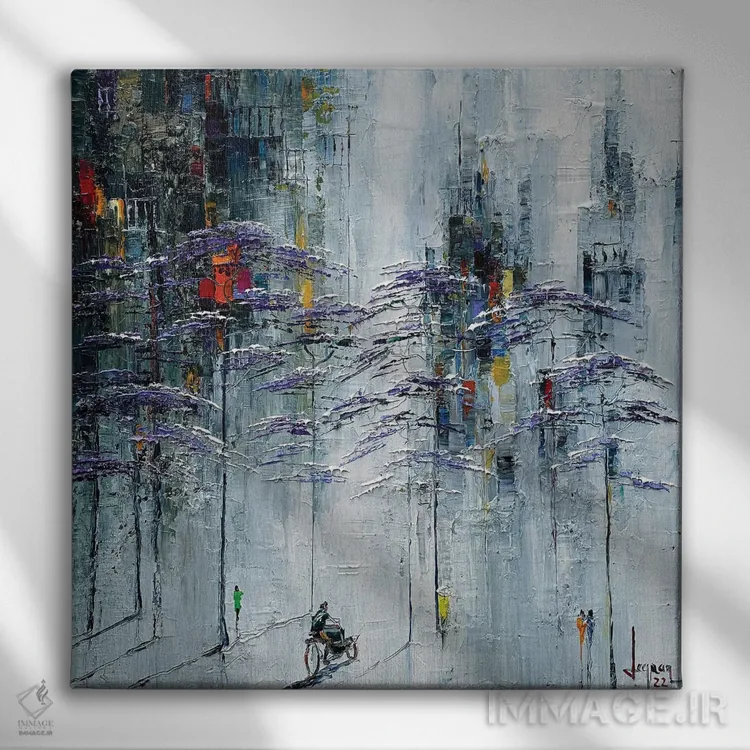 تابلو انتزاعی "عصر مه آلود" اثر له نگوک کوآن - نمای روبهرو روی دیوار