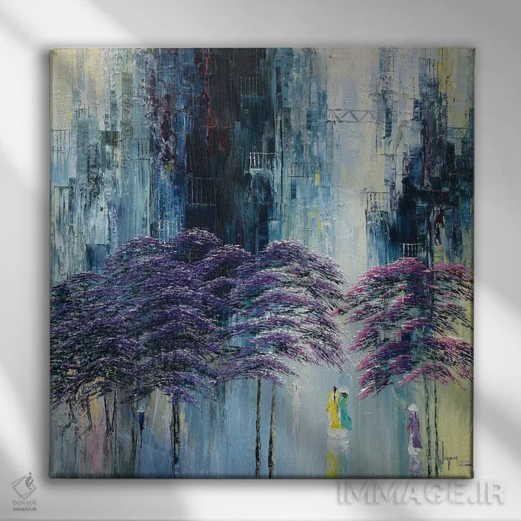 تابلو انتزاعی "آسمان خاطرات" اثر له نگوک کوآن - نمای روبهرو روی دیوار