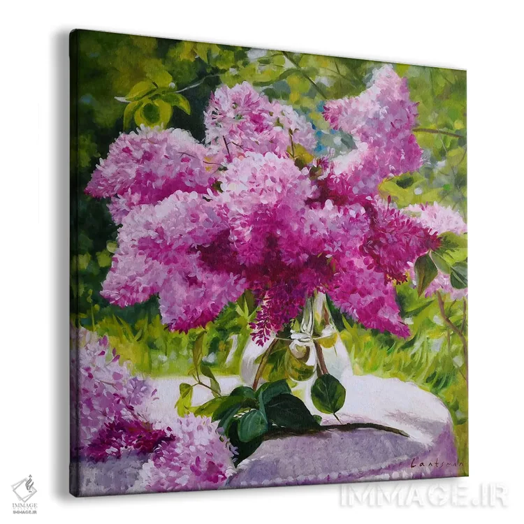 تابلو دکوراتیو دسته گل بنفشه در گلدان شیشه ای در باغ اثر جین لانتسمن - نمای پرسپکتیو محصول