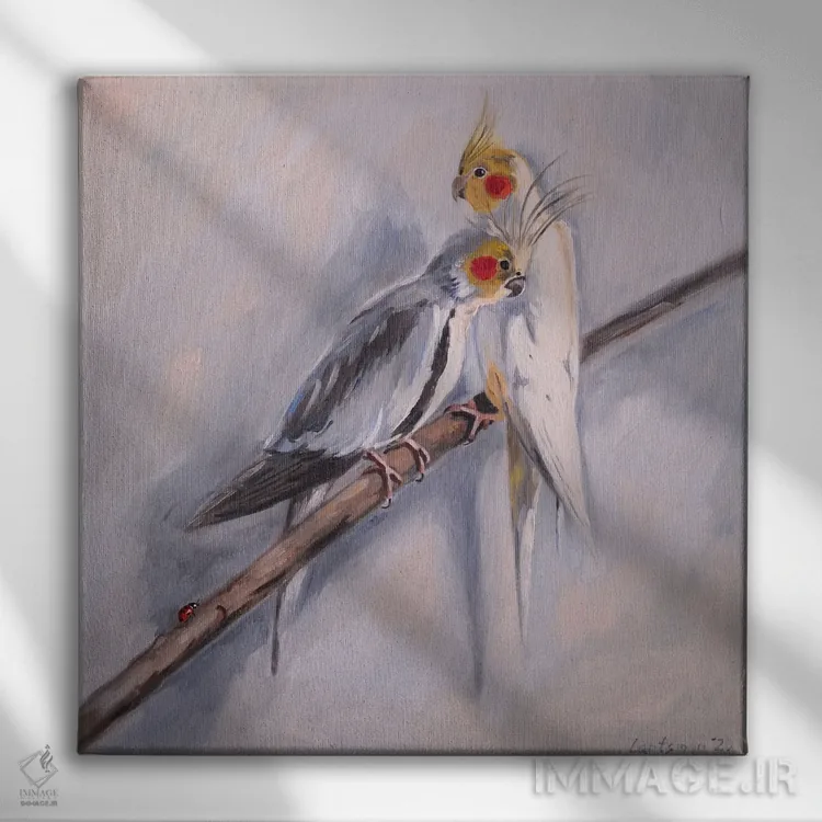 تابلو دکوراتیو جفت دوست داشتنی طوطی های کورلا اثر جین لانتسمن - نمای روبهرو روی دیوار