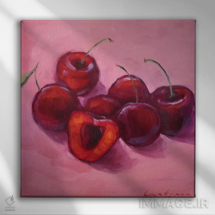 تابلو دکوراتیو آلبالوها اثر جین لانتسمن - نمای روبهرو روی دیوار