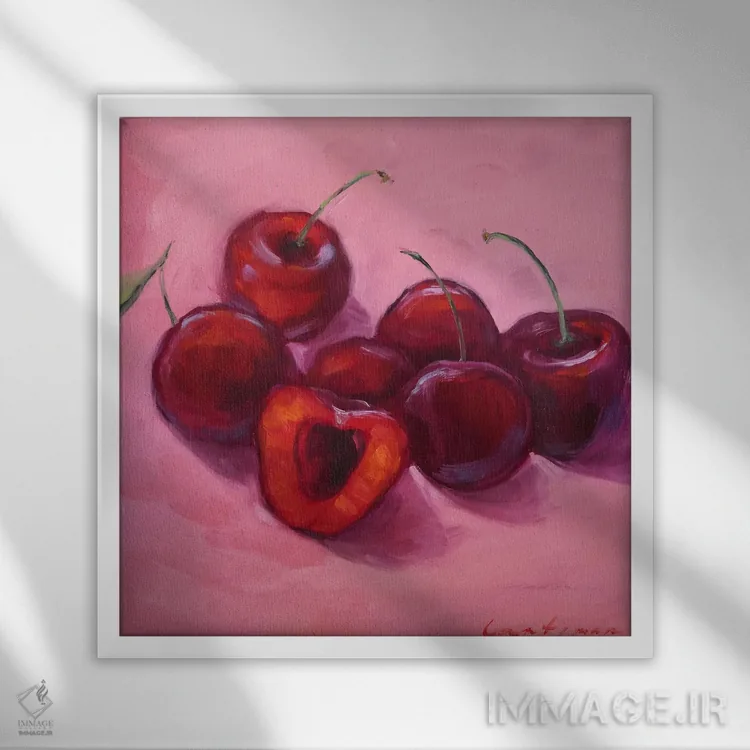 تابلو دکوراتیو آلبالوها اثر جین لانتسمن - نمای قابدار سفید