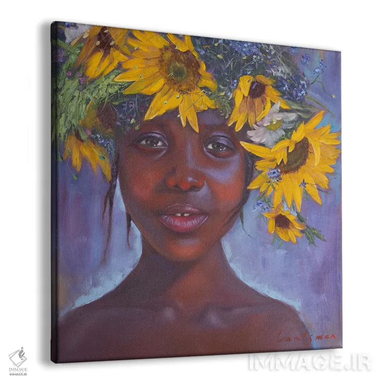 تابلو دکوراتیو دختر آفریقایی-آمریکایی با گل های آفتابگردان اثر جین لانتسمن - نمای پرسپکتیو محصول
