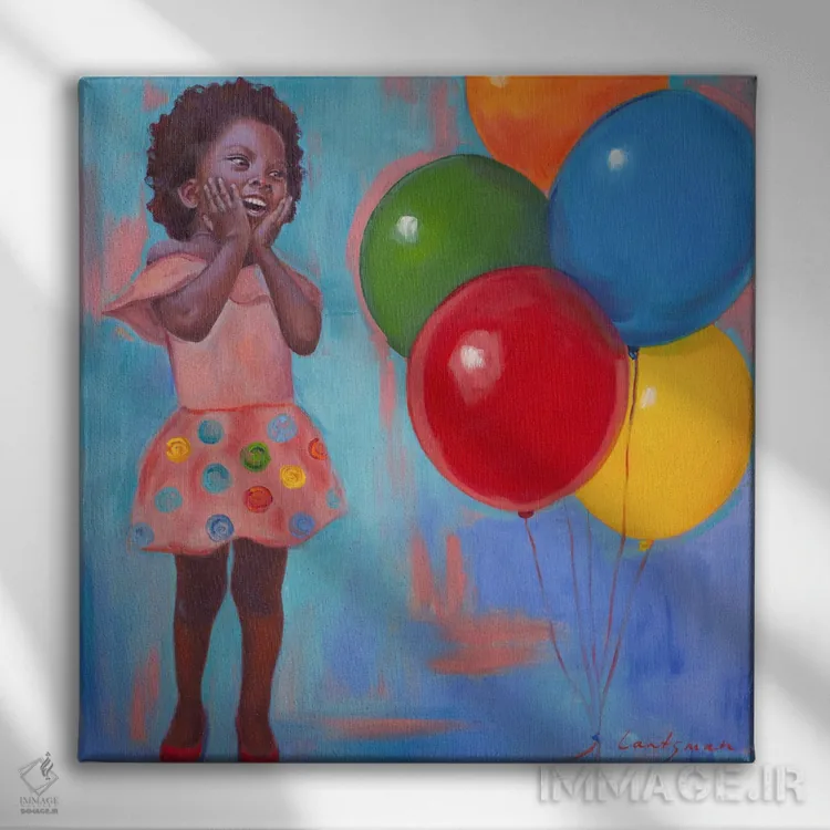 تابلو دکوراتیو شادی ناب - دختری با بادکنک ها اثر جین لانتسمن - نمای روبهرو روی دیوار