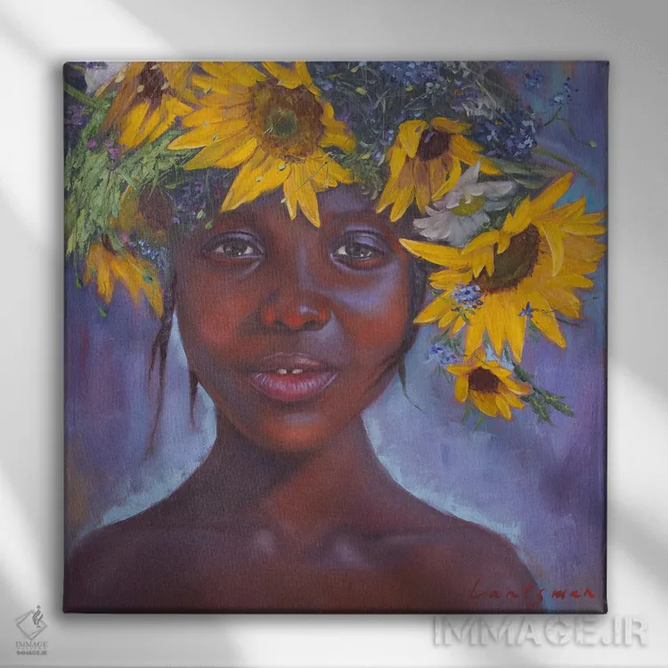 تابلو دکوراتیو دختر آفریقایی-آمریکایی با گل های آفتابگردان اثر جین لانتسمن - نمای روبهرو روی دیوار