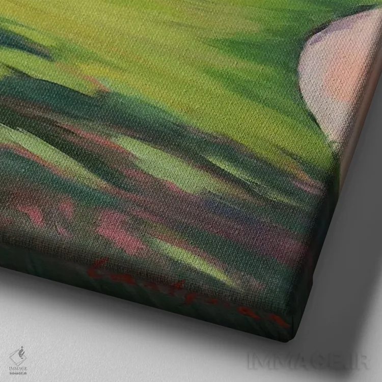 تابلو دکوراتیو منظره امپرسیونیستی با عمارت و باغ پرگل اثر جین لانتسمن - نمای نزدیک بافت بوم