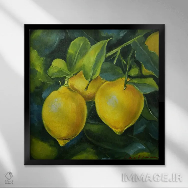 تابلو دکوراتیو لیموها روی شاخه اثر جین لانتسمن - نمای قابدار مشکی