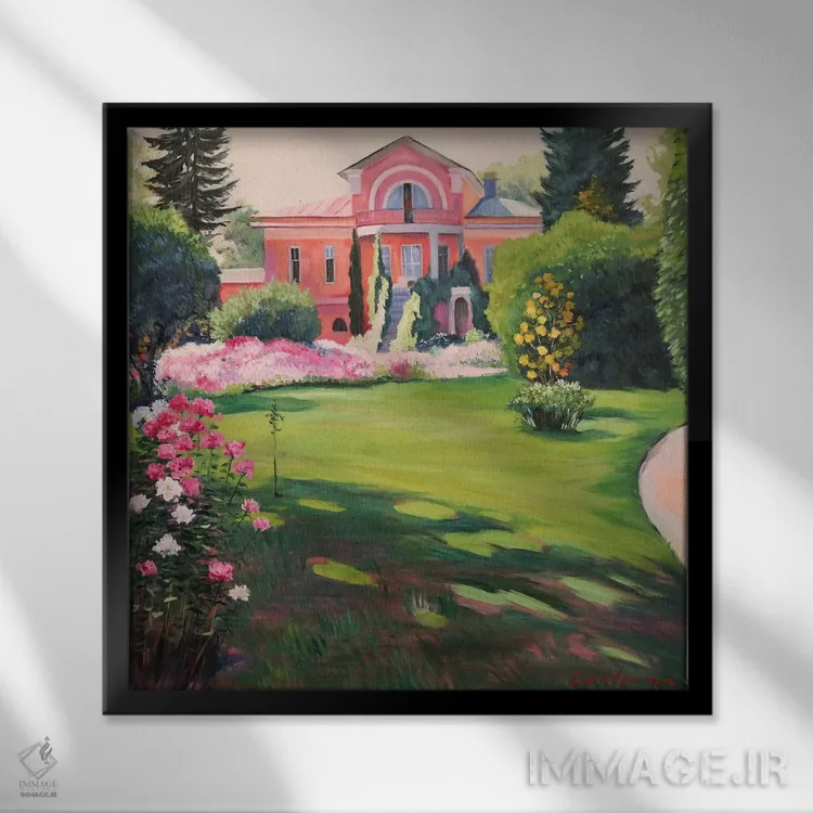 تابلو دکوراتیو منظره امپرسیونیستی با عمارت و باغ پرگل اثر جین لانتسمن - نمای قابدار مشکی