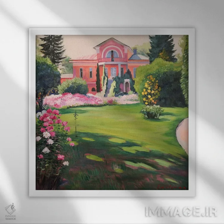 تابلو دکوراتیو منظره امپرسیونیستی با عمارت و باغ پرگل اثر جین لانتسمن - نمای قابدار سفید