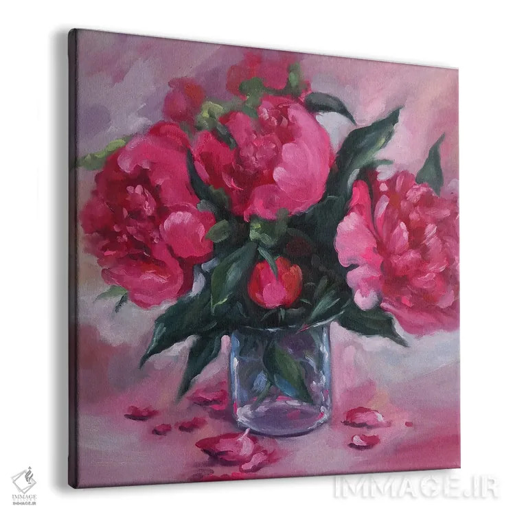 تابلو دکوراتیو گل های پئونی صورتی در گلدان شیشه ای اثر جین لانتسمن - نمای پرسپکتیو محصول