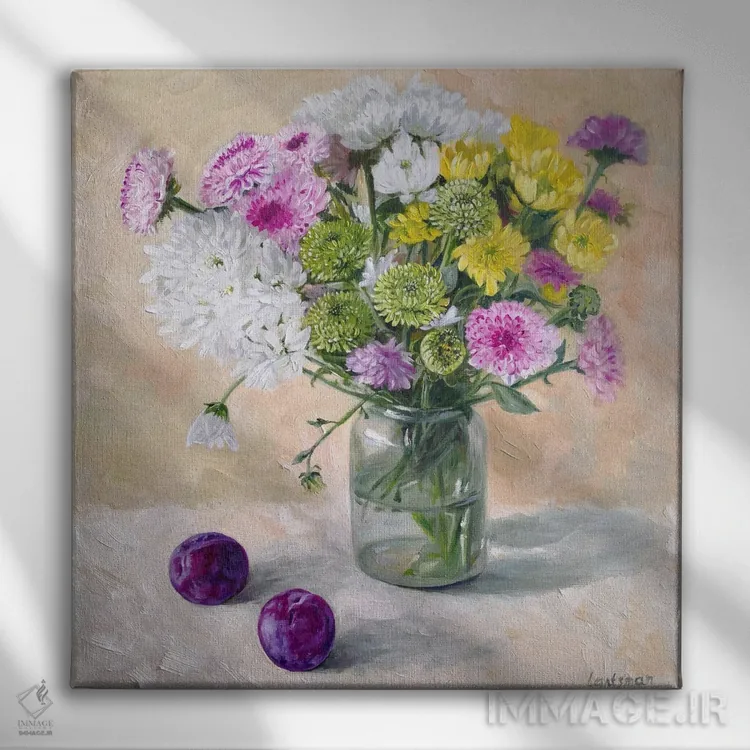 تابلو دکوراتیو دسته گل آسترها در گلدان شیشه ای اثر جین لانتسمن - نمای روبهرو روی دیوار
