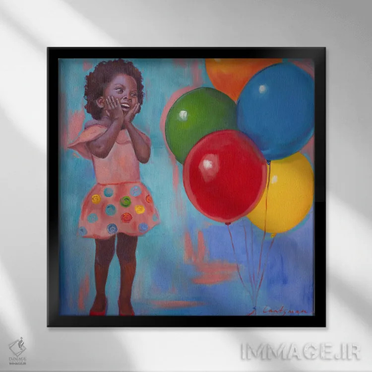 تابلو دکوراتیو شادی ناب - دختری با بادکنک ها اثر جین لانتسمن - نمای قابدار مشکی