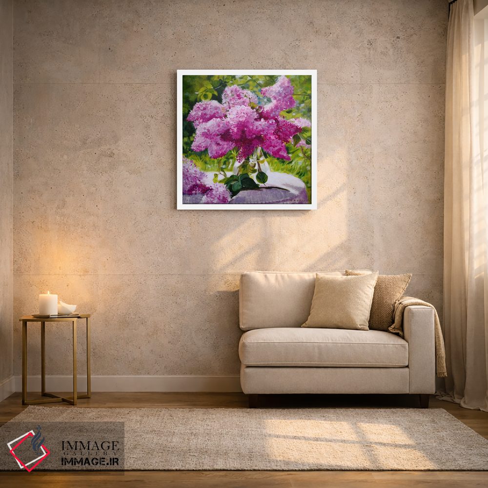 تابلو دکوراتیو دسته گل بنفشه در گلدان شیشه ای در باغ اثر جین لانتسمن - D2W