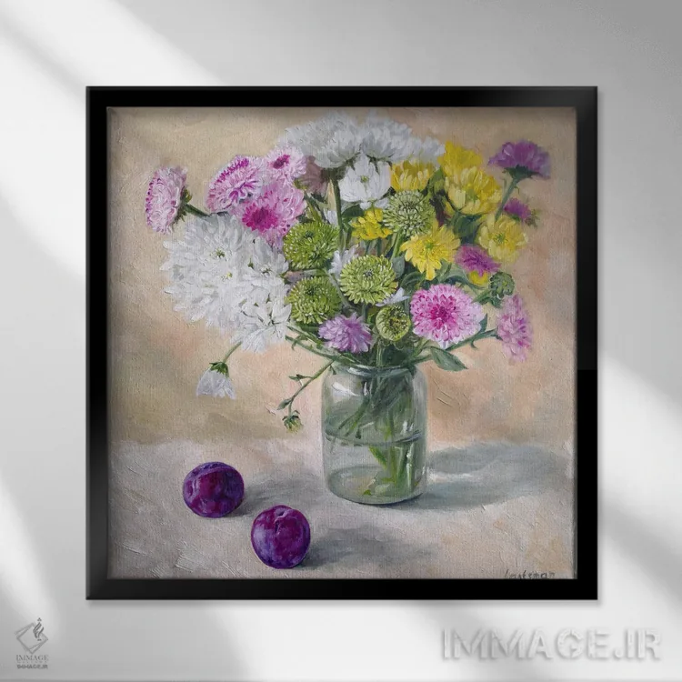 تابلو دکوراتیو دسته گل آسترها در گلدان شیشه ای اثر جین لانتسمن - نمای قابدار مشکی
