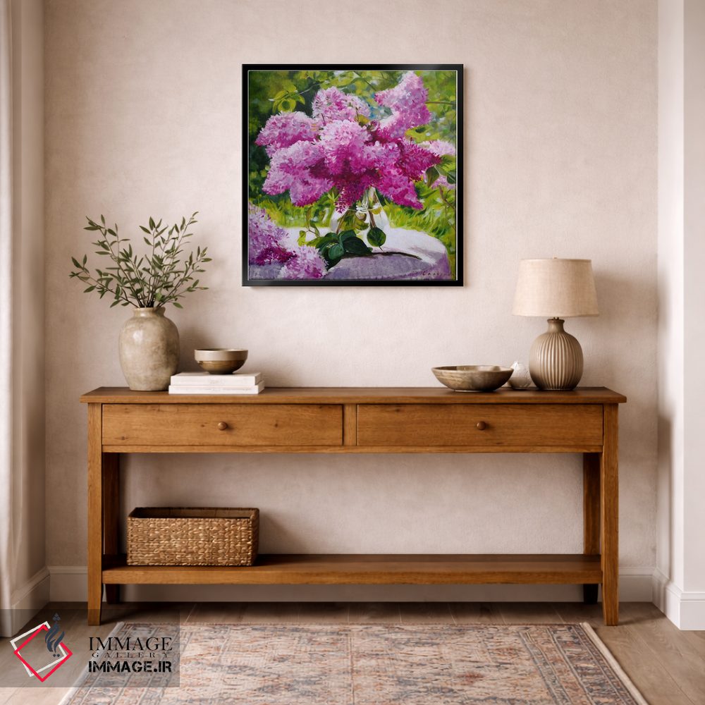 تابلو دکوراتیو دسته گل بنفشه در گلدان شیشه ای در باغ اثر جین لانتسمن - D5B