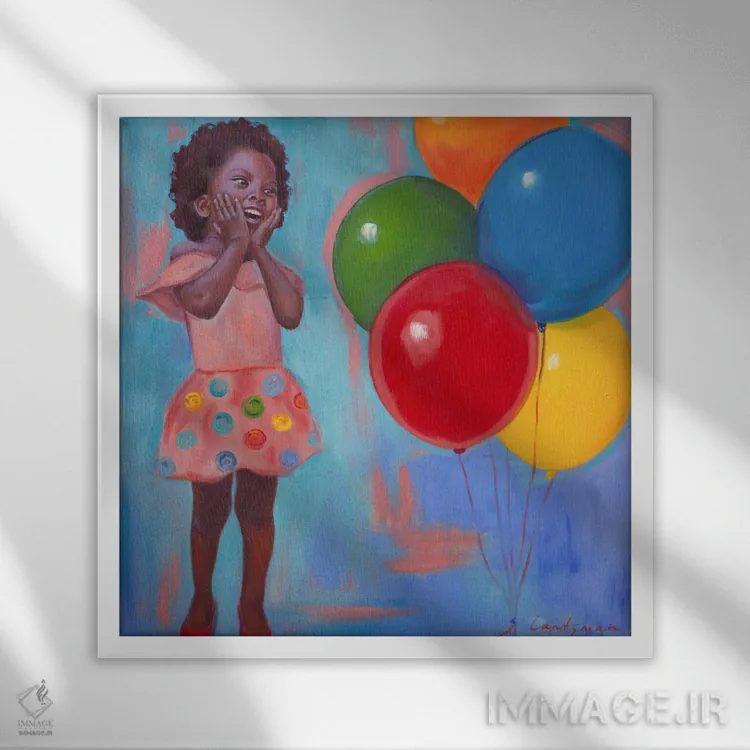تابلو دکوراتیو شادی ناب - دختری با بادکنک ها اثر جین لانتسمن - نمای قابدار سفید