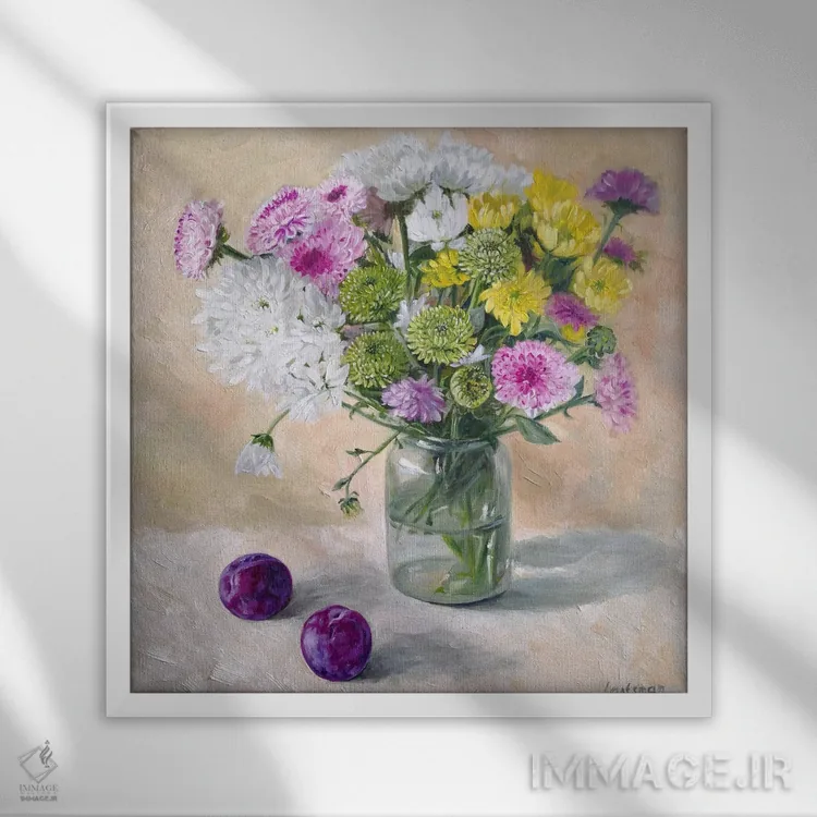 تابلو دکوراتیو دسته گل آسترها در گلدان شیشه ای اثر جین لانتسمن - نمای قابدار سفید