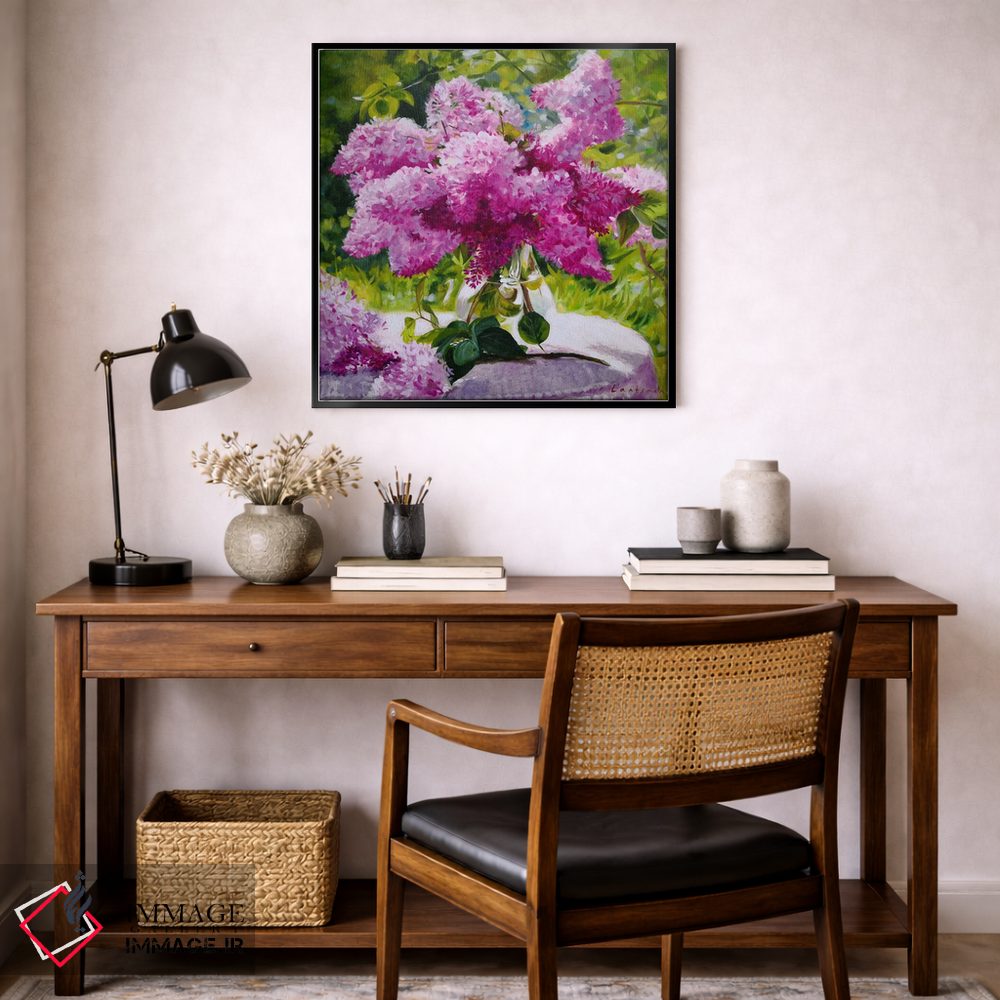 تابلو دکوراتیو دسته گل بنفشه در گلدان شیشه ای در باغ اثر جین لانتسمن - D6B