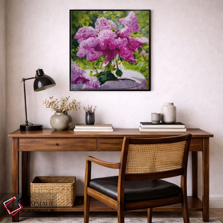 تابلو دکوراتیو دسته گل بنفشه در گلدان شیشه ای در باغ اثر جین لانتسمن - D6B