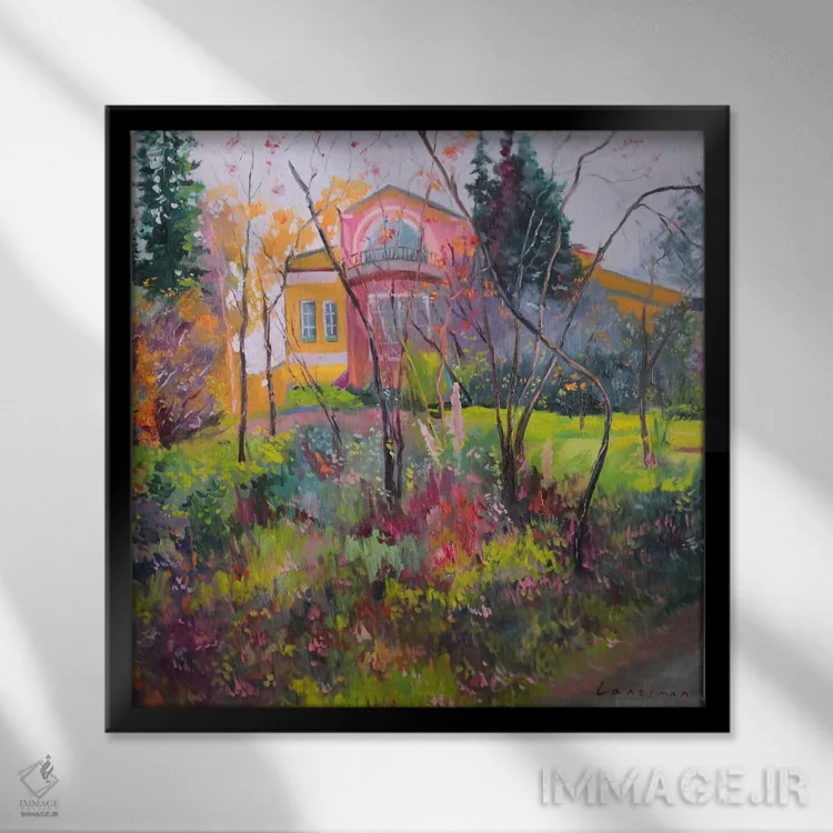 تابلو دکوراتیو پاییز رنگارنگ در منظره عمارت اثر جین لانتسمن - نمای قابدار مشکی