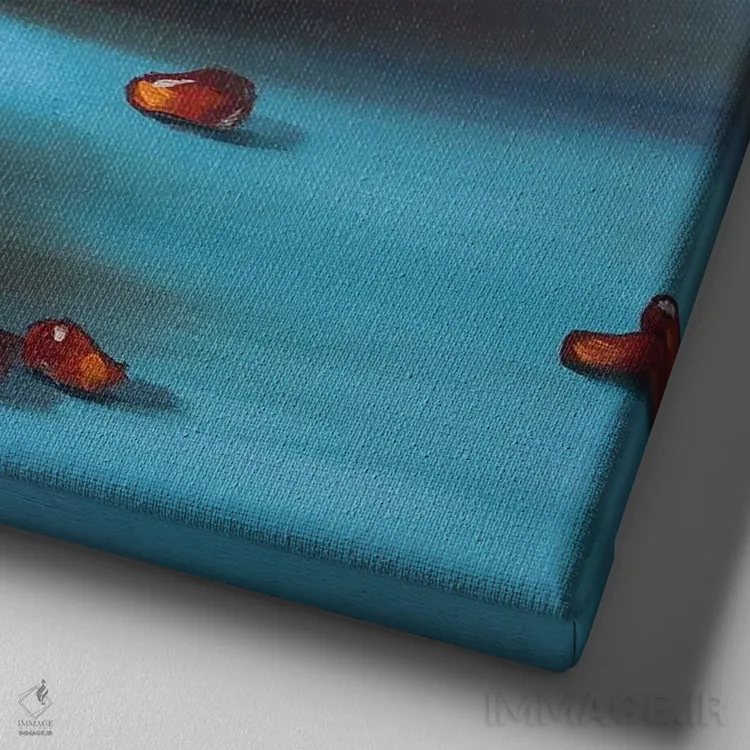 تابلو دکوراتیو انارهای رسیده و دانه ها اثر جین لانتسمن - نمای نزدیک بافت بوم